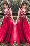 Unique Red V Neck Tulle Appliques Prom Dresses, Long Party Gowns HZ0527