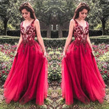 Unique Red V Neck Tulle Appliques Prom Dresses, Long Party Gowns HZ0527