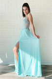 A Line Chiffon Long Split Prom Dress, Cheap Lace Up Back Evening Dresses HZ0527