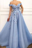 Blue Off Shoulder Flower Appliques A-line Long Modest Beautiful Prom Dresses HZ0527