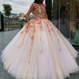 Jewel Tulle Long Cap Sleeves Ball Gown Prom Dress with Flower Appliques HZ0527
