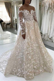 Elegant A-Line Illusion Beteau Long Sleeves Ivory Lace Wedding Dress HZ0527