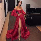 A-Line Off the Shoulder Red Split Front Long Prom Dress with Belt Sleeves HZ0527