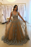 A-Line V-Neck Tulle Long Prom Dress with Lace Appliques HZ0527
