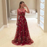 A-Line Bateau Burgundy Floral Lace Long Prom Dresses HZ0527