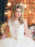 Elegant Off White Lace Appliques A-line Chapel Train Wedding Dresses with Sash HZ0527