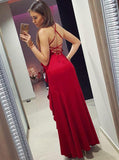 Mermaid Spaghetti Straps Red Satin Prom Dresses with Ruffles HZ0527
