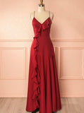 Mermaid Spaghetti Straps Red Satin Prom Dresses with Ruffles HZ0527