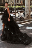 Beautiful A-Line V-Neck High Low Backless Black Tulle Prom Dresses HZ0527