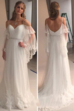 Elegant Cold Shoulders Hippie A Line Tulle Long Sweep Train Wedding Dress HZ0527