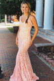 Mermaid V-neck Sleeveless Pink Lace Backless Prom Dresses With Straps HZ0527