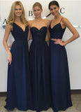 Navy blue Chiffon Simple Lace Long A Line Sleeveless Bridesmaid Dresses HZ0527
