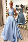 Promfast Sky Blue A Line Beading Long Prom Dress With Pockets Fashion School Dance Dress HZ0527
