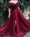 Burgundy Off the Shoulder Maroon A Line Long Tulle Pom Dresses HZ0527