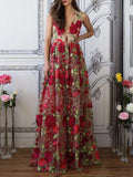 Red Floral Embroidery See Through Long Elegant Formal Prom Dresses HZ0527