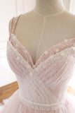 Pink Spaghetti Straps Tulle Prom Dress with Lace Appliques, A Line Formal Evening Party Dresses HZ0527