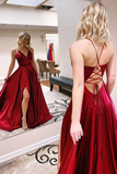 Promfast V Neck Burgundy Long Prom Dresses With Slit, Formal Evening Dresses HZ0527