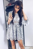 A-Line Crew Long Sleeve Above Knee Grey Lace Homecoming Dress HZ0527