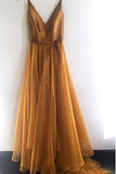 Spaghetti Strap A Line V Neck Gold Formal Cheap Long Prom Dresses HZ0527
