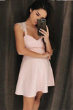 Simple A-Line Spaghetti Straps Short Pink Homecoming Dress with Appliques HZ0527