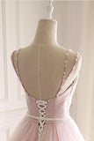 Pink Spaghetti Straps Tulle Prom Dress with Lace Appliques, A Line Formal Evening Party Dresses HZ0527