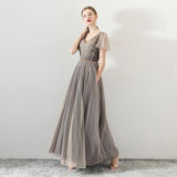 A Line Tulle Long Appliques Beaded Prom Dresses, Grey Formal Evening Dress HZ0527