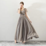A Line Tulle Long Appliques Beaded Prom Dresses, Grey Formal Evening Dress HZ0527