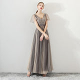 A Line Tulle Long Appliques Beaded Prom Dresses, Grey Formal Evening Dress HZ0527