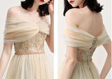 Charming Off the Shoulder A Line Tulle Long Prom Dresses With Beading HZ0527