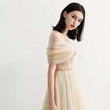Charming Off the Shoulder A Line Tulle Long Prom Dresses With Beading HZ0527