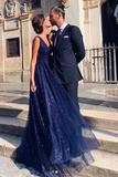 Promfast Shiny A Line V Neck Navy Blue Backless Prom Dresses, V Back Navy Formal Evening Dresses HZ0527