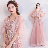 Princess A Line Pink Long Tulle Appliques V Neck Prom Dresses HZ0527