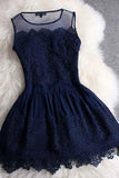 A-line Mini Navy Blue Sleeveless Crew Short Homecoming Dresses With Lace HZ0527