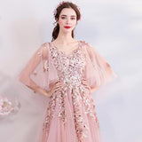 Princess A Line Pink Long Tulle Appliques V Neck Prom Dresses HZ0527