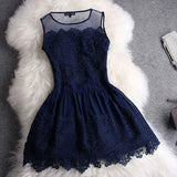 A-line Mini Navy Blue Sleeveless Crew Short Homecoming Dresses With Lace HZ0527