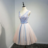 A Line Lace Top Belt V Neck Short Homecoming Dresses HZ0527