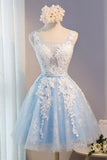 A Line Lace Appliques Round Neck Sky Blue Short Homecoming Dresses HZ0527