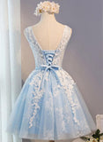 A Line Lace Appliques Round Neck Sky Blue Short Homecoming Dresses HZ0527