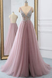 Dusty Pink A Line Tulle Prom Dress, V Neck Long Graduation Dress with Rhinestone HZ0527