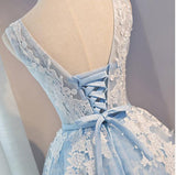 A Line Lace Appliques Round Neck Sky Blue Short Homecoming Dresses HZ0527