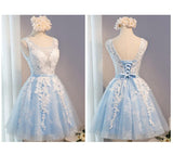 A Line Lace Appliques Round Neck Sky Blue Short Homecoming Dresses HZ0527