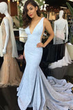 Elegant Mermaid Deep V-Neck Court Train Light Blue Prom Dress HZ0527
