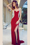 Sheath Red Cap Sleeve Sweetheart Front Slit Long Prom Dresses With Rhinestone HZ0527