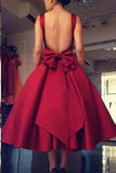 Cheap Burgundy Tea Length A Line Backless Bownot Homecoming Dress HZ0527