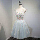 A Line Light Blue Floral Short V Neck Tulle Homecoming Dresses HZ0527