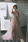 Dusty Pink A Line Tulle Prom Dress, V Neck Long Graduation Dress with Rhinestone HZ0527