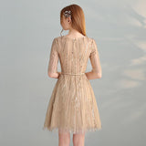 Gold Sequins A Line Short Tulle Half Sleeves Homecoming Dresses HZ0527