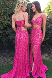 Sexy Two Piece Mermaid Spaghetti Straps Fuchsia Lace Split Prom Dress HZ0527