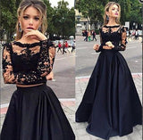 Two Piece Black A Line Lace Top Long Sleeves Formal Prom Dress HZ0527