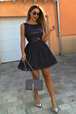 Popular Round Neck Sleeveless Sequins Elegant Dark Blue Homecoming Dresses HZ0527